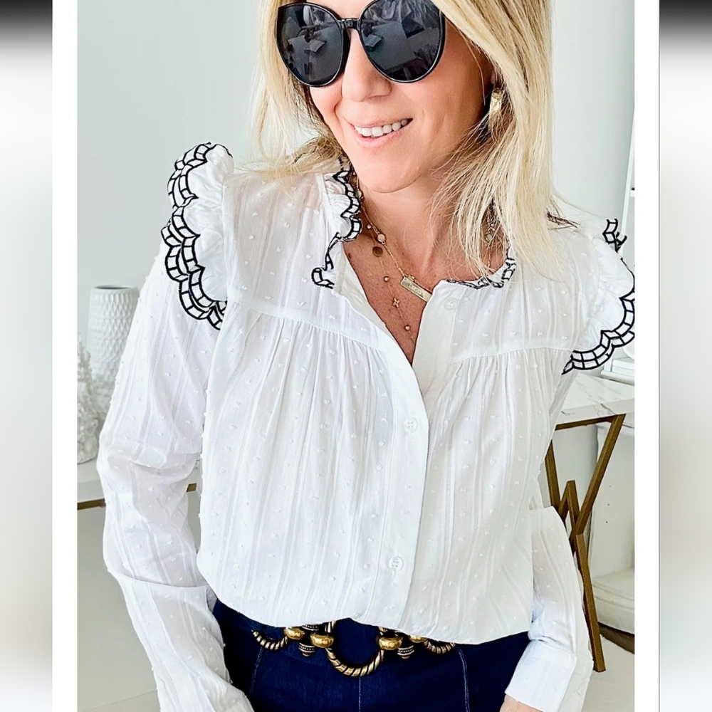 New Swiss Dot Ruffle Button Down Shirt Blouse